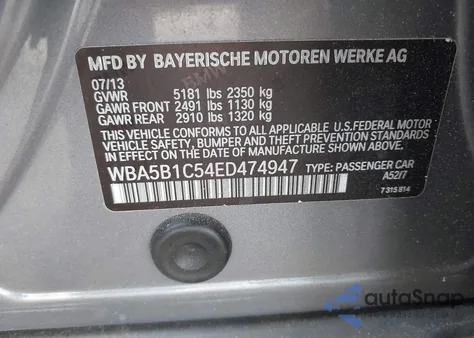 2014 BMW 535I z USA, uszkodzony, nr VIN WBA5B1C54ED474947